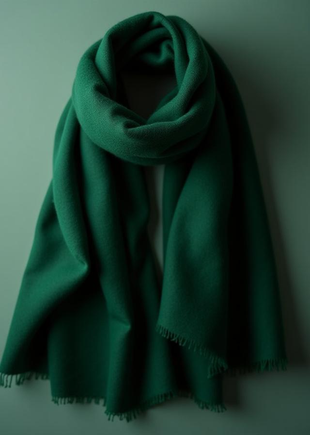 Ein luxuriöser, handgewebter Wollschal in tiefen Grüntönen, elegant drapiert.