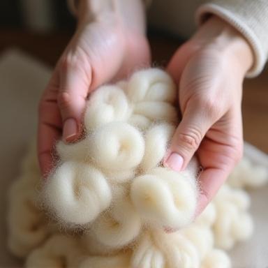 Hände, die sorgfältig Bündel aus roher, ungefärbter Wolle und Seide prüfen.